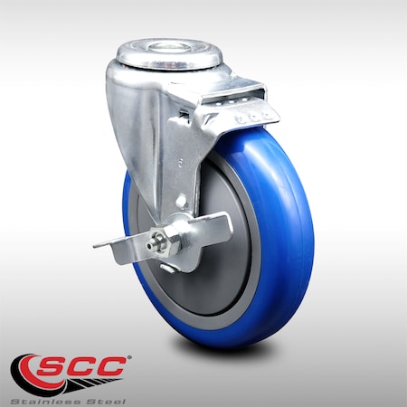 Service Caster 5 Inch SS Blue Polyurethane Wheel Swivel Bolt Hole Caster with Brake SCC SCC-SSBH20S514-PPUB-BLUE-TLB